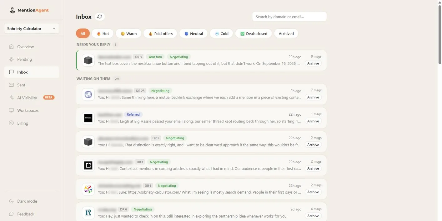 MentionAgent inbox for one workspace with filter tabs Hot, Warm, Paid offers, Neutral, Cold, Deals closed and Archived. One thread is marked Needs your reply; 29 threads are Waiting on them, each with the site's DR, a Negotiating or Referred label, the agent's last message and the message count