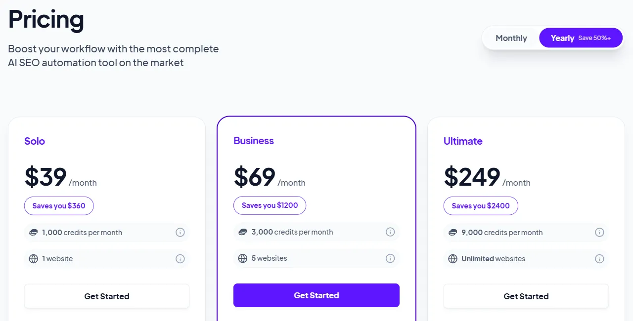 Arvow pricing page with the Yearly toggle selected and no countdown or limited time badge showing: Solo $39 a month, saves you $360; Business $69 a month, saves you $1200; Ultimate $249 a month, saves you $2400