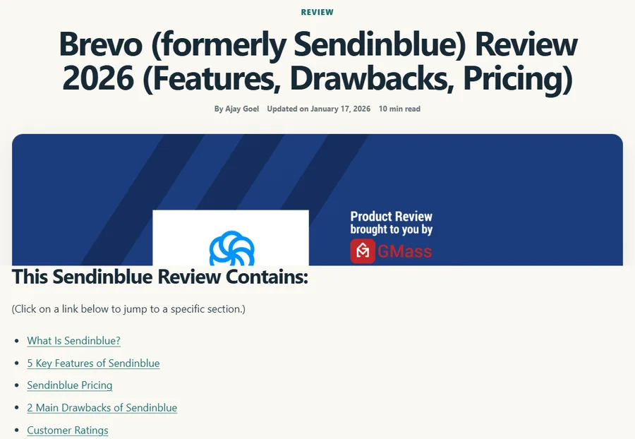 GMass review titled Brevo (formerly Sendinblue) Review 2026, updated January 17, 2026, with a Sendinblue logo as its header image and a contents list headed This Sendinblue Review Contains
