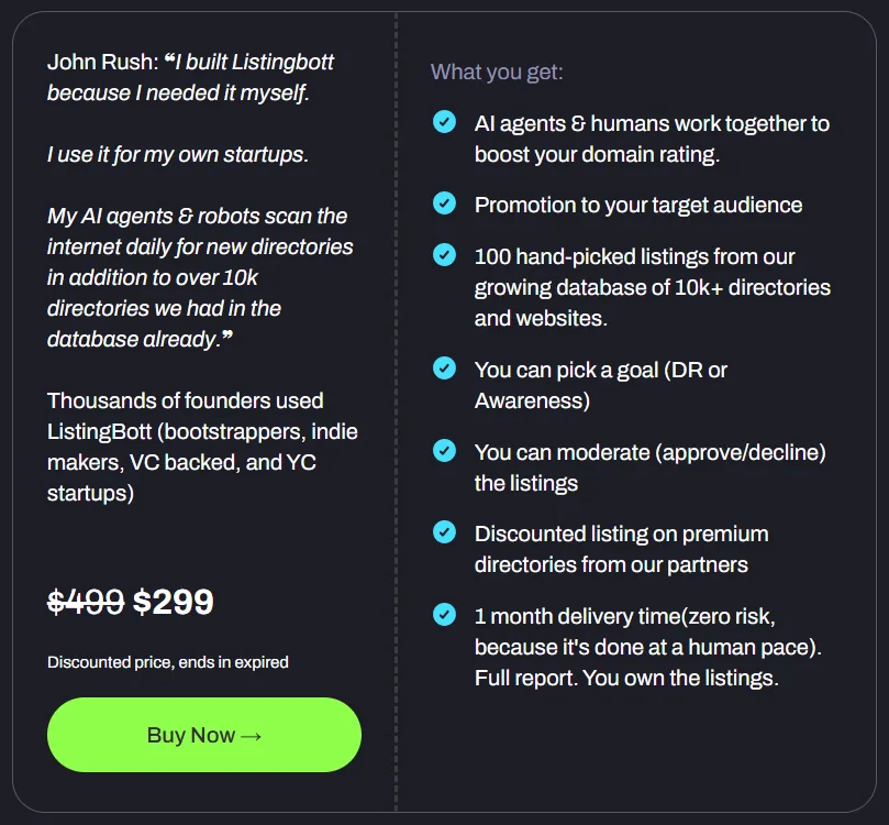 ListingBott order card on 14 October 2026: $499 struck through to $299, the line Discounted price, ends in expired, and the list of what you get, including 100 hand-picked listings, approve or decline the listings and 1 month delivery