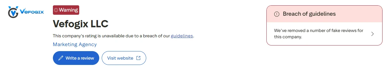 Trustpilot page for Vefogix LLC with a red Warning label, the line This company's rating is unavailable due to a breach of our guidelines, and a Breach of guidelines box saying We've removed a number of fake reviews for this company