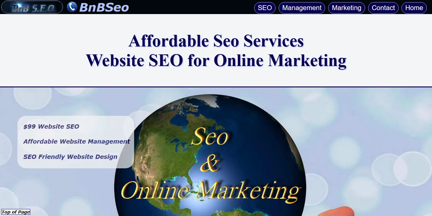 BnBSeo homepage from Reno with the headline Affordable Seo Services, Website SEO for Online Marketing, listing $99 Website SEO, affordable website management and SEO friendly website design