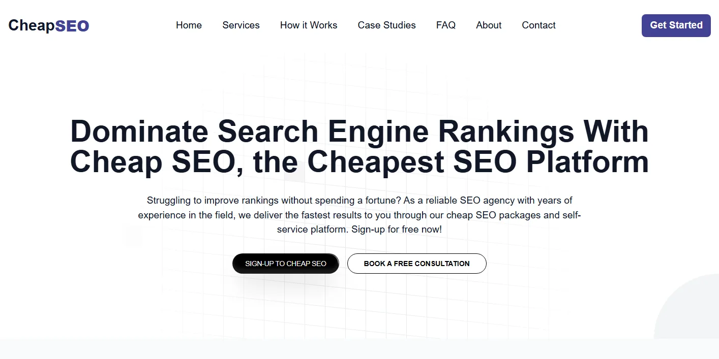 cheapseo.io homepage: Dominate Search Engine Rankings With Cheap SEO, the Cheapest SEO Platform, with sign-up and free consultation buttons