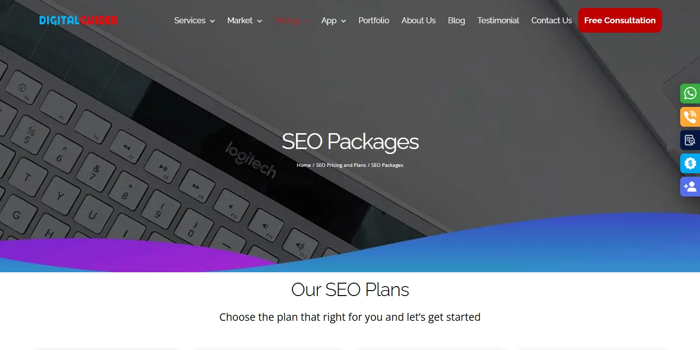 Digital Guider SEO packages page with the heading Our SEO Plans and a Basic tier at $500 a month listing 30 keywords and 40 backlinks a month
