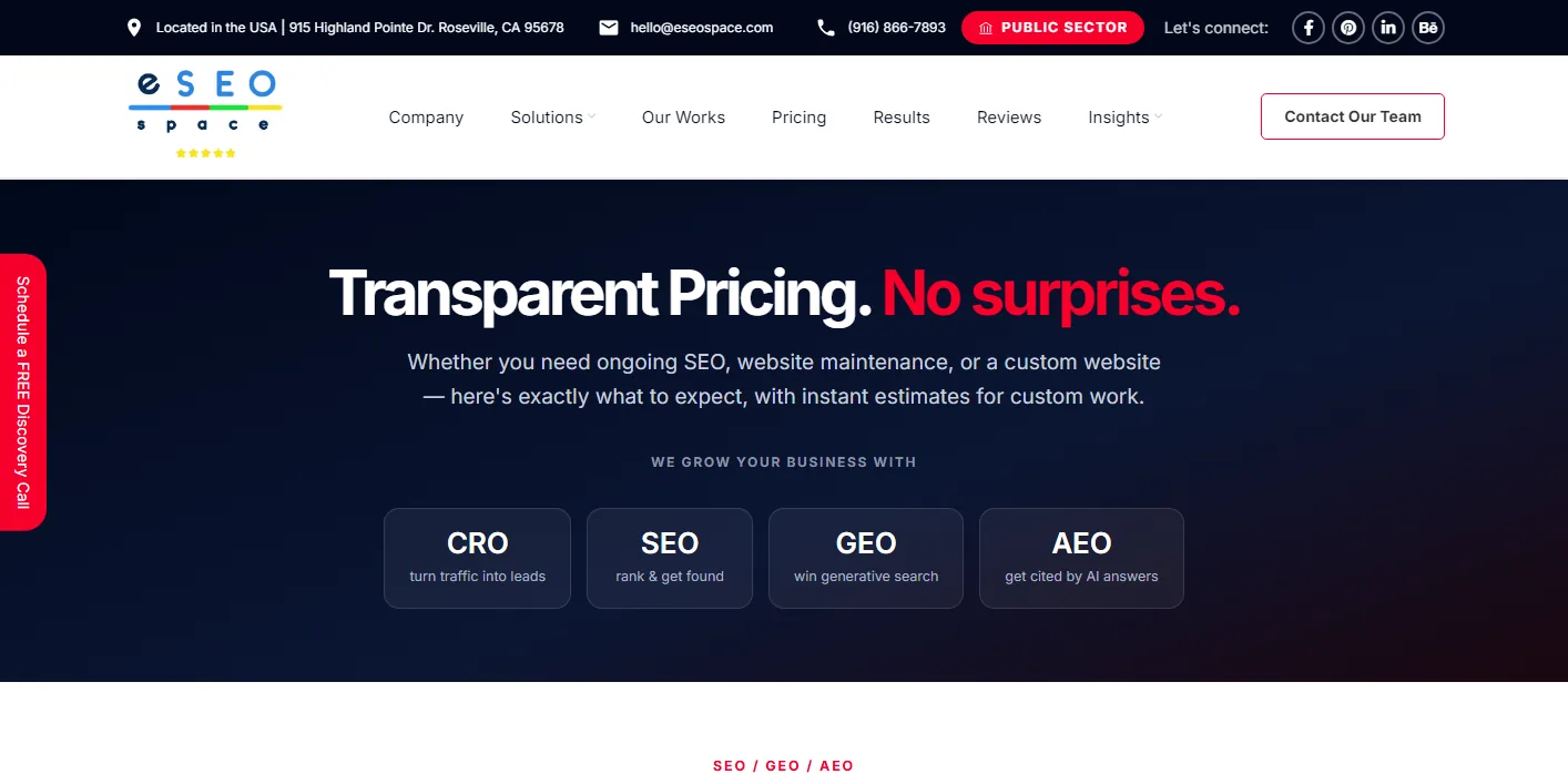 eSEOspace pricing page with the headline Transparent Pricing, No surprises, and tiles for CRO, SEO, GEO and AEO