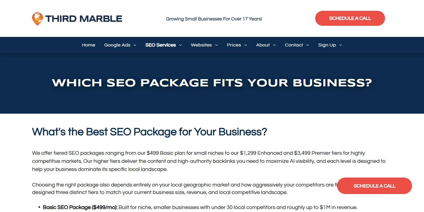 Third Marble Marketing SEO packages page asking Which SEO package fits your business, with Basic $499, a $1,299 middle tier and Premier $3,499, each described by competitor count