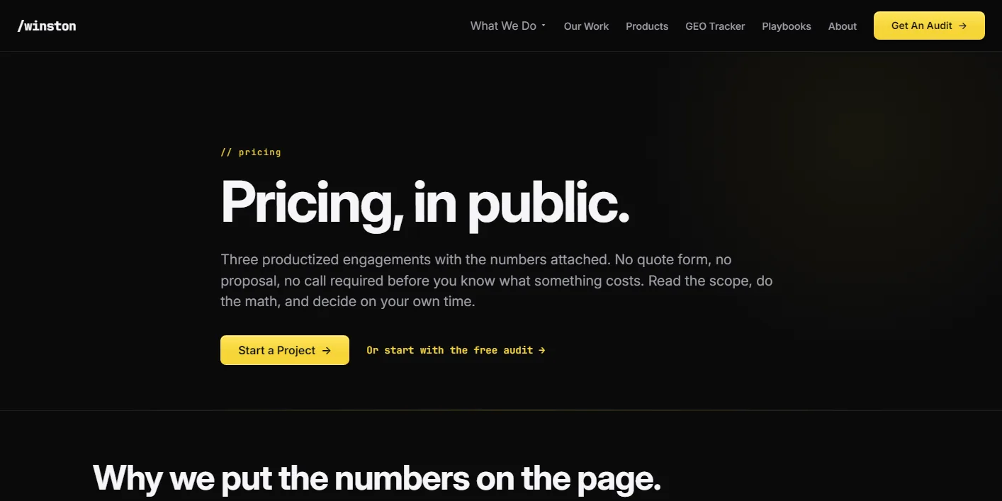 Winston Digital Marketing pricing page with the headline Pricing, in public, and a paragraph explaining why the agency publishes its numbers