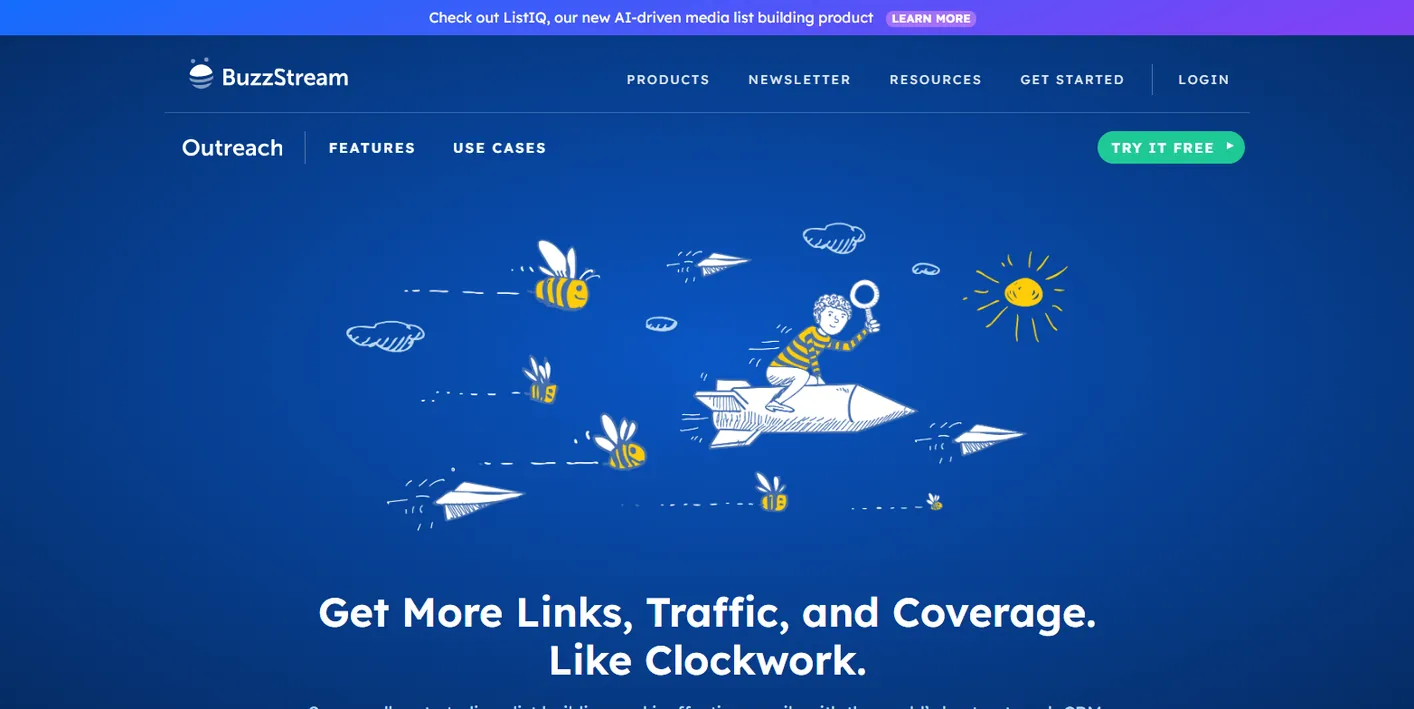 BuzzStream homepage with the Outreach product navigation and the headline Get More Links, Traffic, and Coverage, Like Clockwork