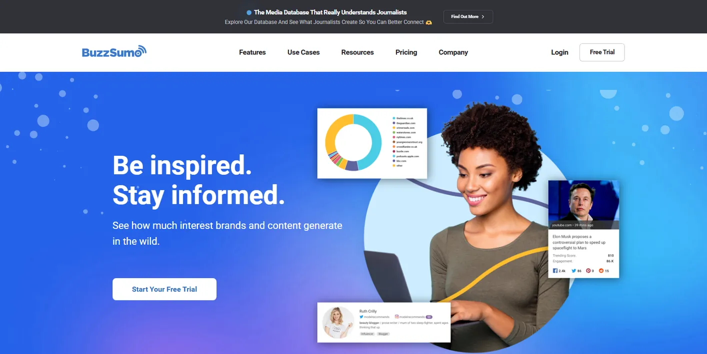 BuzzSumo homepage: Be inspired, Stay informed, See how much interest brands and content generate in the wild, with a Start Your Free Trial button
