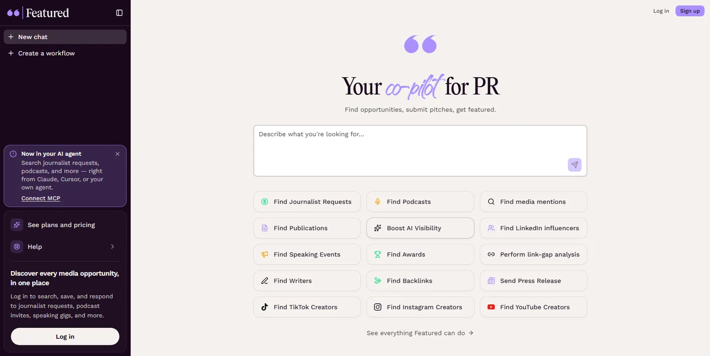 Featured homepage: Your co-pilot for PR, find opportunities, submit pitches, get featured, with buttons for journalist requests, podcasts, backlinks and press releases