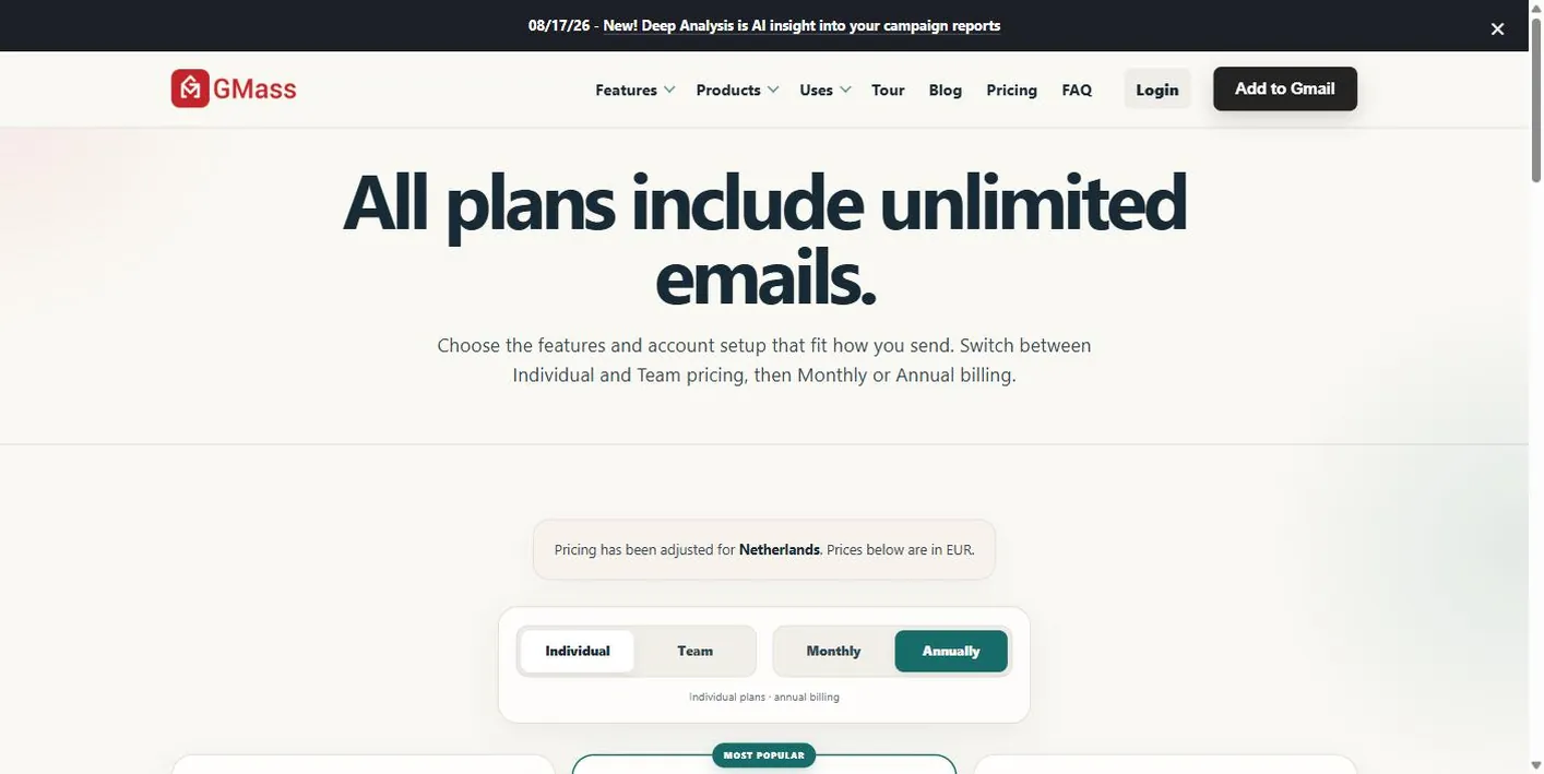 GMass pricing page: All plans include unlimited emails, with Individual or Team and Monthly or Annual toggles