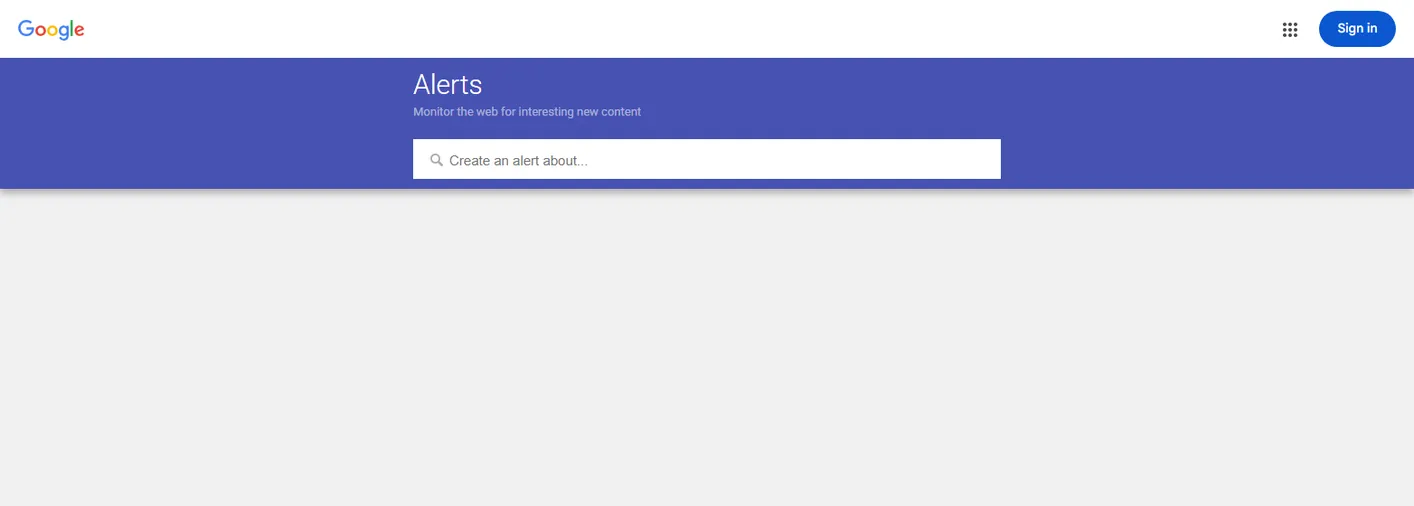 Google Alerts page with the field Create an alert about
