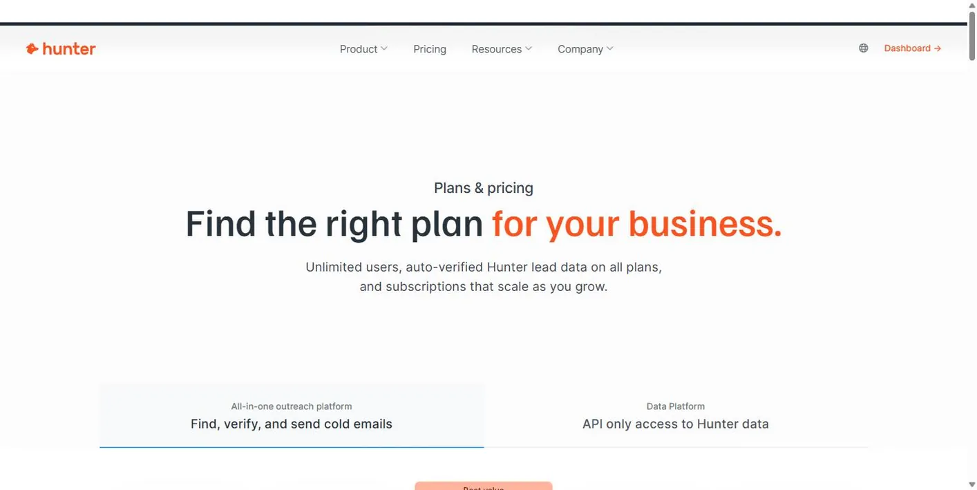 Hunter pricing page: Find the right plan for your business, with a toggle between the all-in-one outreach platform and API-only data access