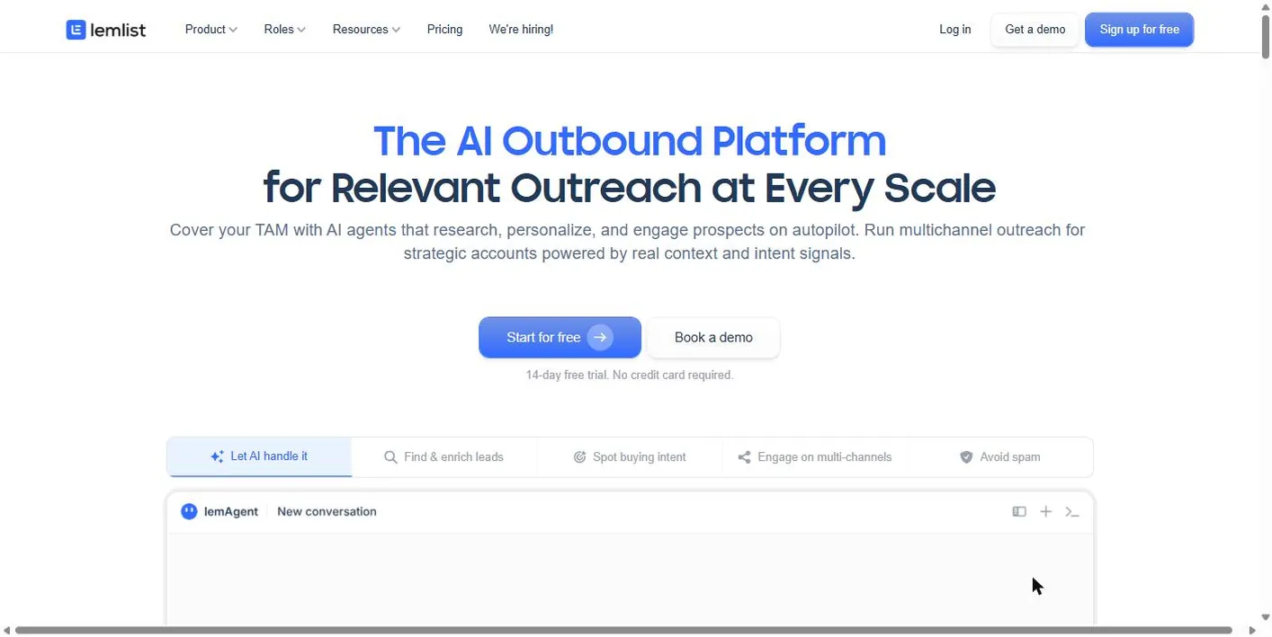 Lemlist homepage: The AI Outbound Platform for Relevant Outreach at Every Scale, with a Start for free button and a 14-day trial note