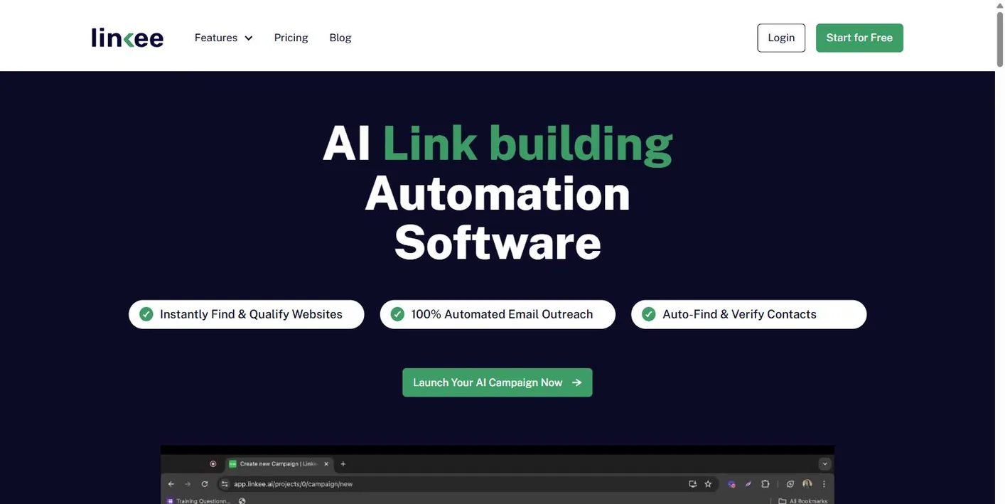 Linkee homepage: AI Link building Automation Software, with three checks for instantly find and qualify websites, 100% automated email outreach and auto-find and verify contacts