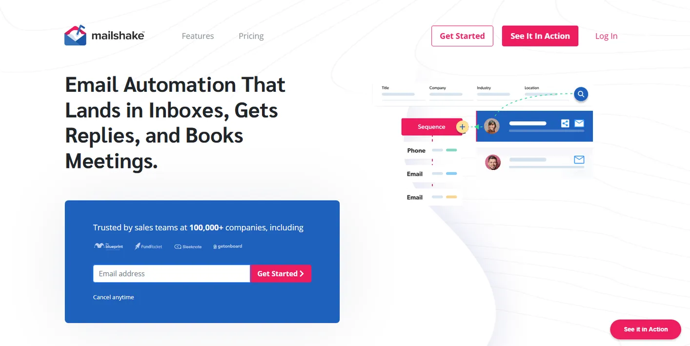 Mailshake homepage: Email Automation That Lands in Inboxes, Gets Replies, and Books Meetings, with a sequence builder illustration