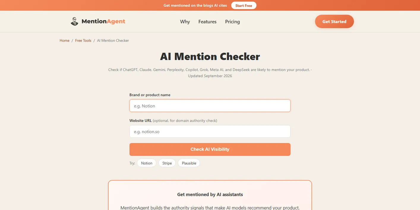 MentionAgent AI Mention Checker: fields for a brand or product name and website URL, with a Check AI Visibility button