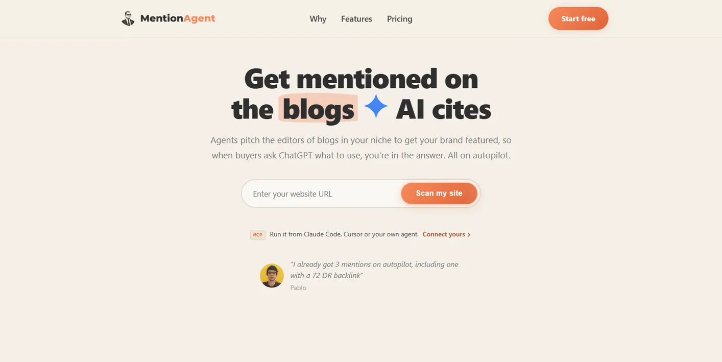 MentionAgent homepage: the headline reads Get mentioned on the blogs AI cites, with a Scan my site field and a note that it runs from Claude Code, Cursor or your own agent
