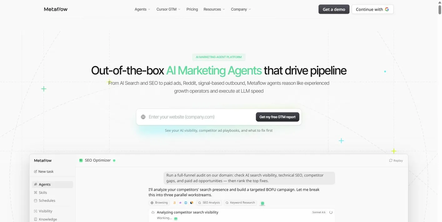 Metaflow homepage: Out-of-the-box AI Marketing Agents that drive pipeline, with a website field for a free GTM report and an agent console running an SEO audit task
