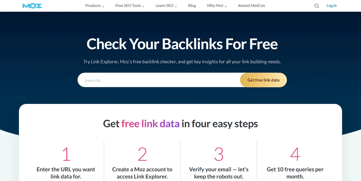 Moz Link Explorer page: Check Your Backlinks For Free, with a URL field and four steps to get free link data