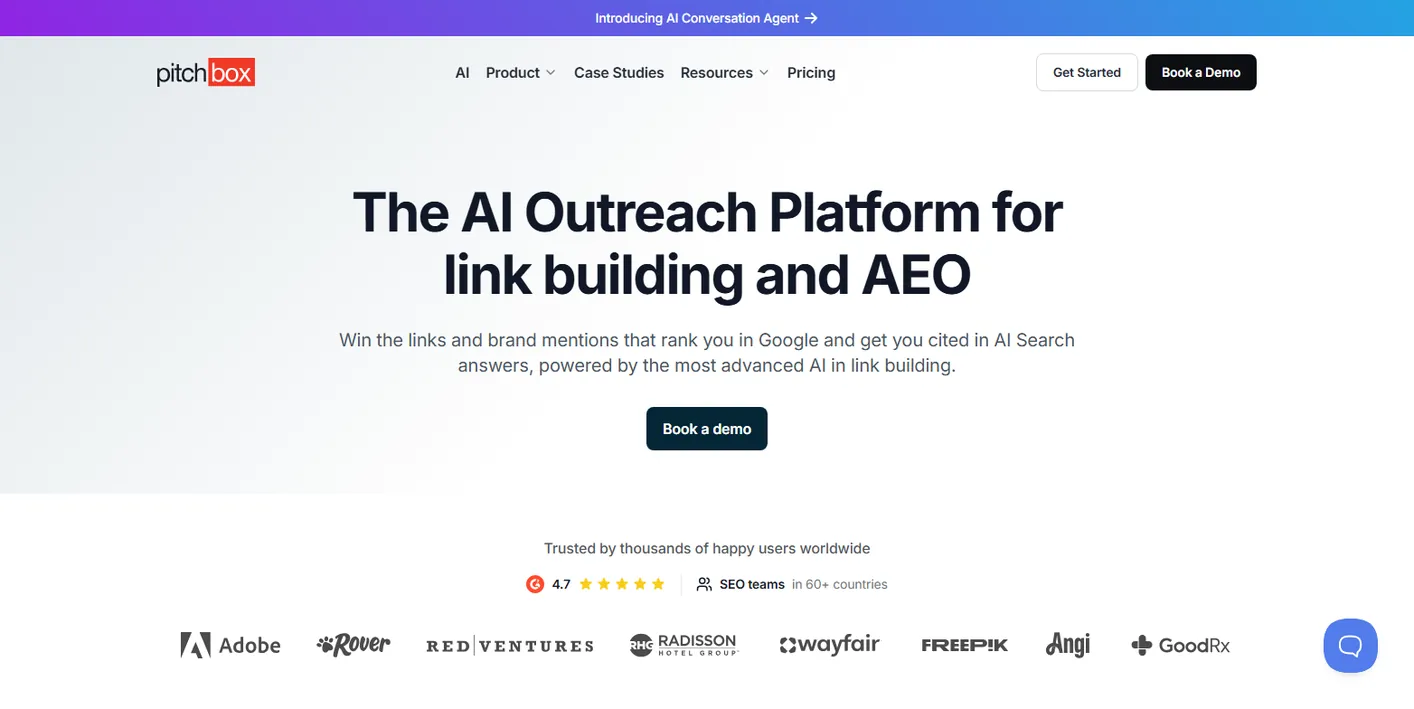 Pitchbox homepage: The AI Outreach Platform for link building and AEO, with a Book a demo button and customer logos for Adobe, Rover, Red Ventures and Wayfair