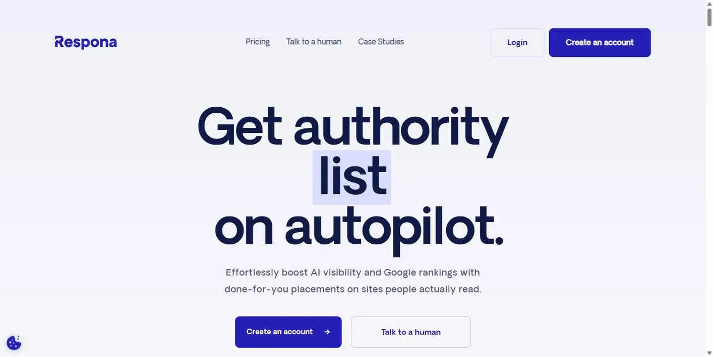 Respona homepage with the headline Get authority on autopilot and buttons to create an account or talk to a human
