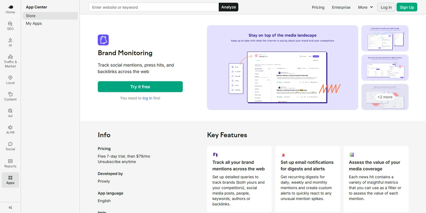 Semrush App Center listing for Brand Monitoring: track social mentions, press hits and backlinks across the web, with a free 7-day trial then $79 a month
