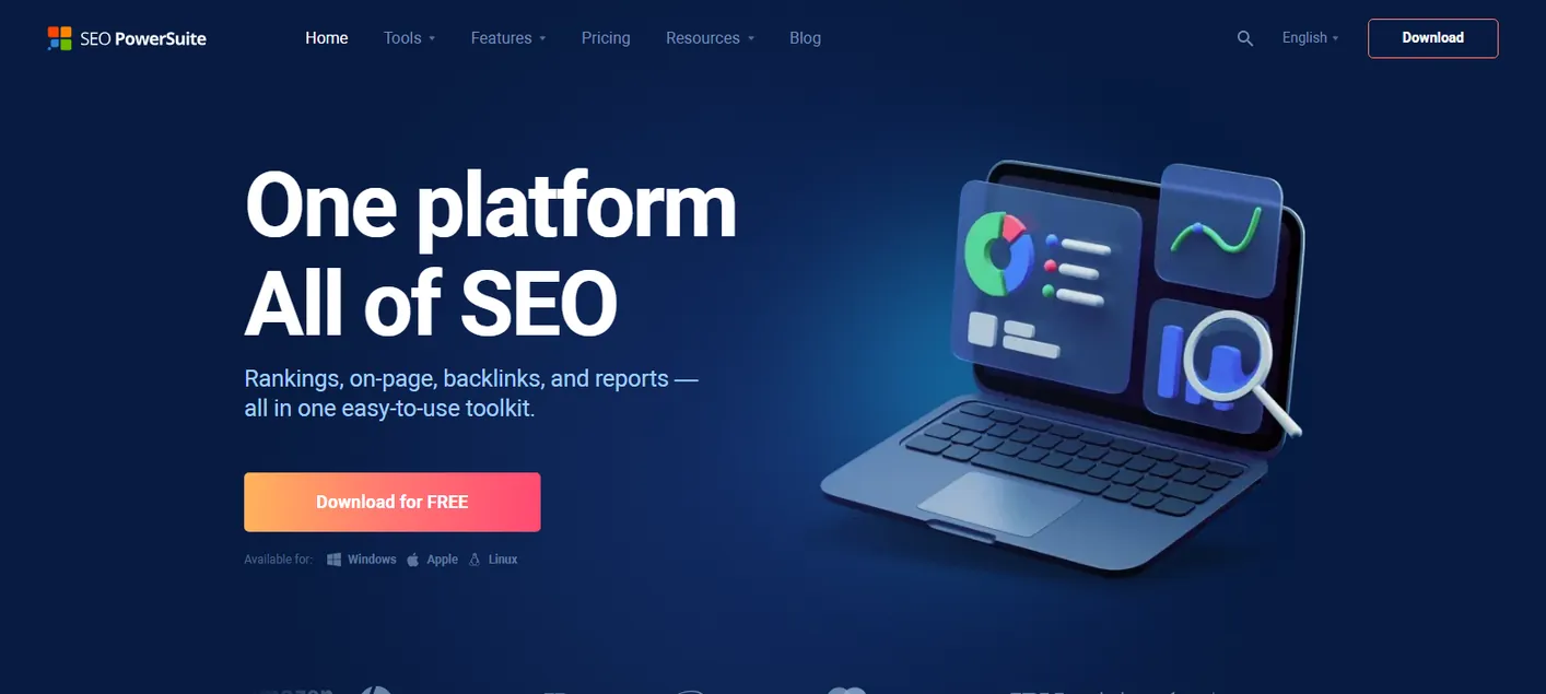 SEO PowerSuite homepage: One platform, All of SEO, rankings, on-page, backlinks and reports in one toolkit, with a Download for FREE button