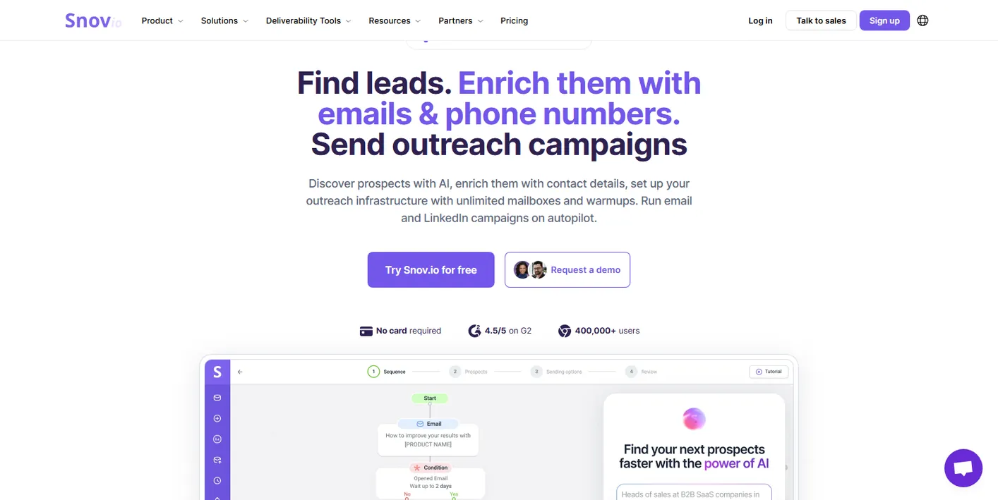 Snov.io homepage: Find leads, enrich them with emails and phone numbers, send outreach campaigns, with a Try Snov.io for free button and a 4.5/5 G2 badge